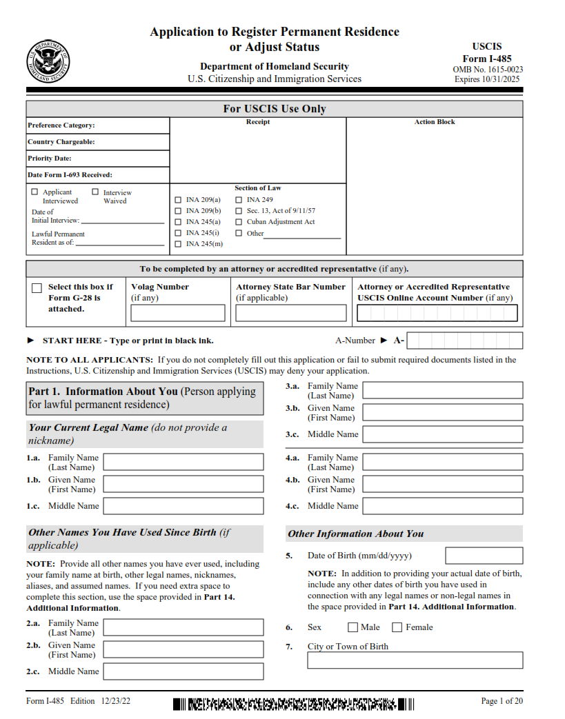 I-485 Form - Application to Register Permanent Residence or Adjust Status Page 1