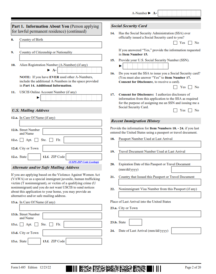 I-485 Form - Application to Register Permanent Residence or Adjust Status Page 2