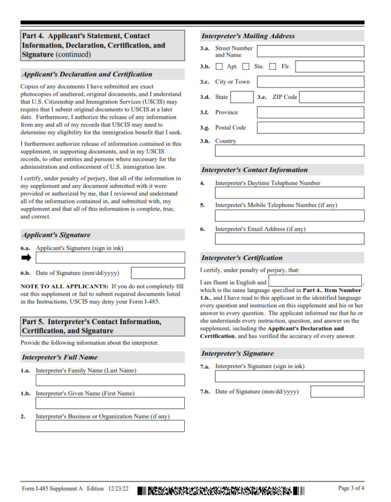 I 485 Supplement A Form Supplement A To Form I 485 Adjustment Of Status Under Section 245i 2768