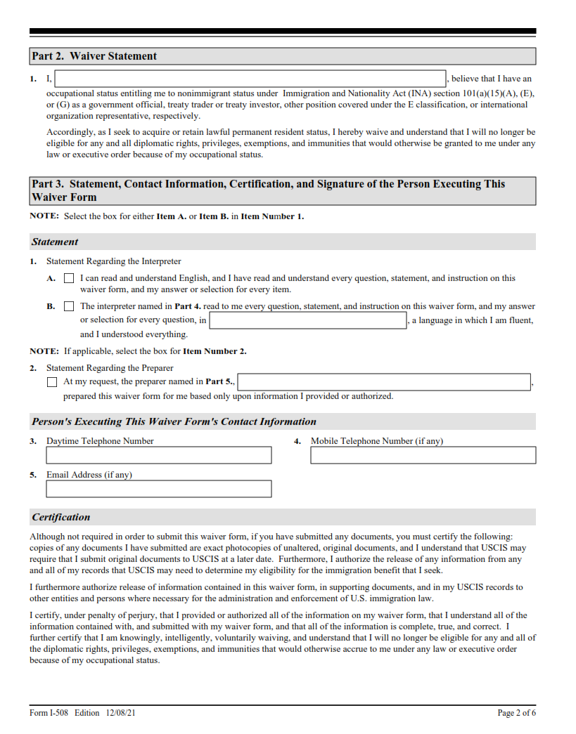 I-508 Form - Request for Waiver of Certain Rights, Privileges, Exemptions and Immunities Page 2