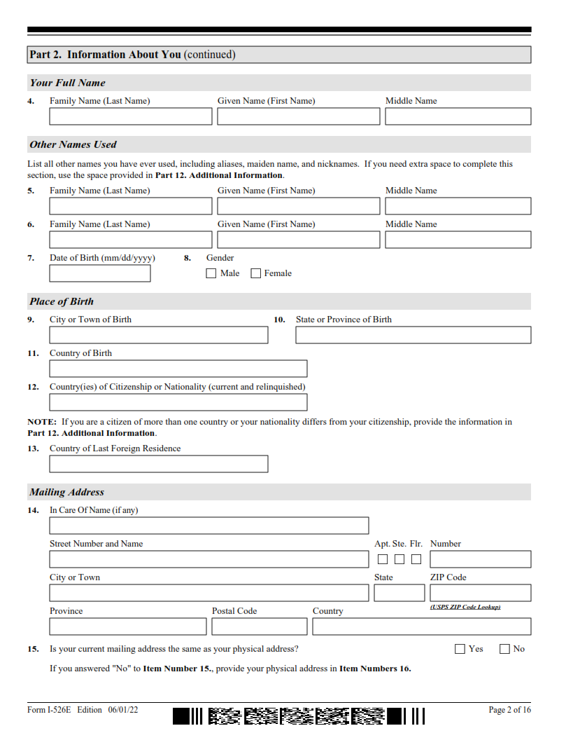 I-526E Form - Immigrant Petition by Regional Center Investor Page 2
