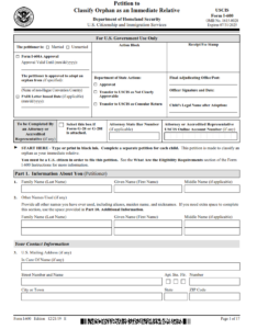 I-600 Form - Petition to Classify Orphan as an Immediate Relative Page 1