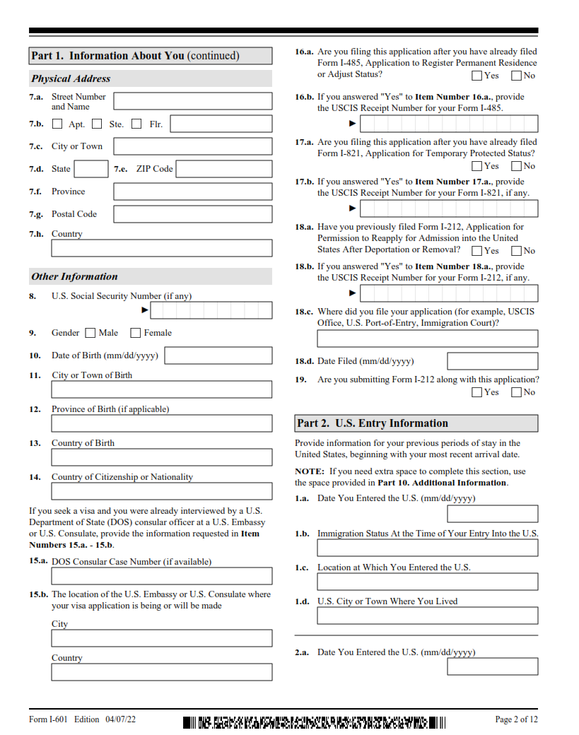 I-601 Form - Application for Waiver of Grounds of Inadmissibility Page 2