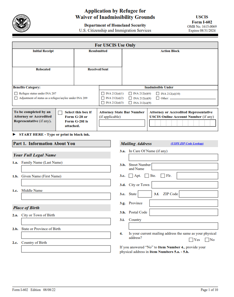 I-602 Form - Application by Refugee for Waiver of Inadmissibility Grounds Page 1