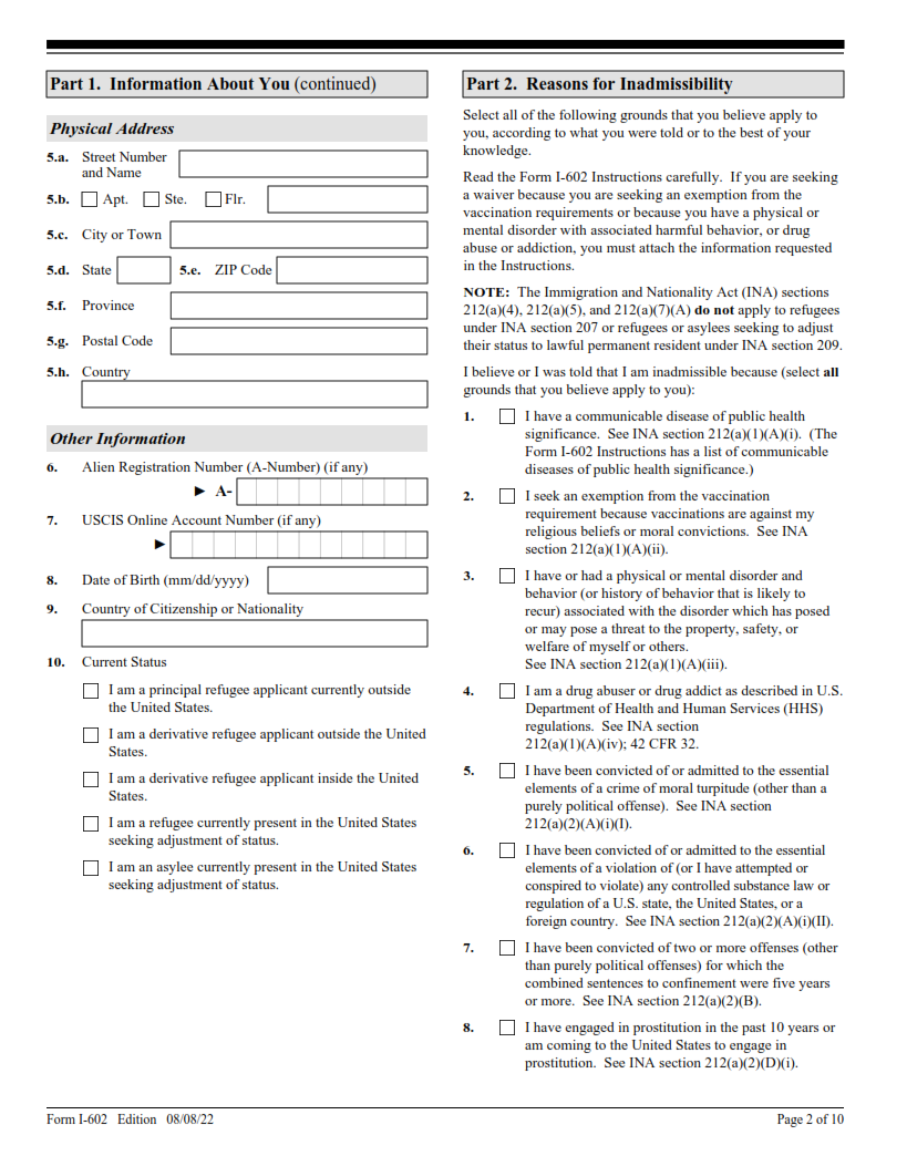 I-602 Form - Application by Refugee for Waiver of Inadmissibility Grounds Page 2