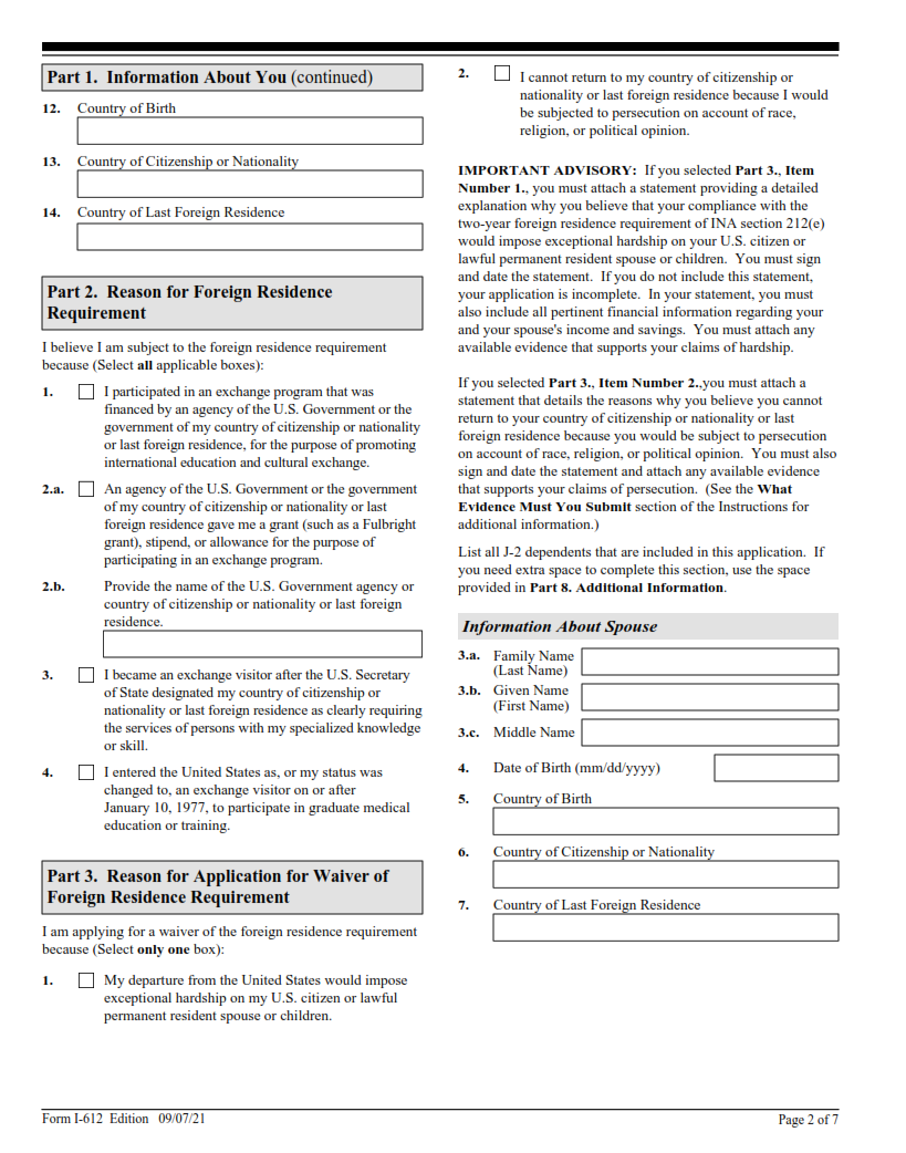 I-612 Form - Application for Waiver of the Foreign Residence Requirement (under Section 212(e) of the Immigration and Nationality Act, as Amended) Page 2