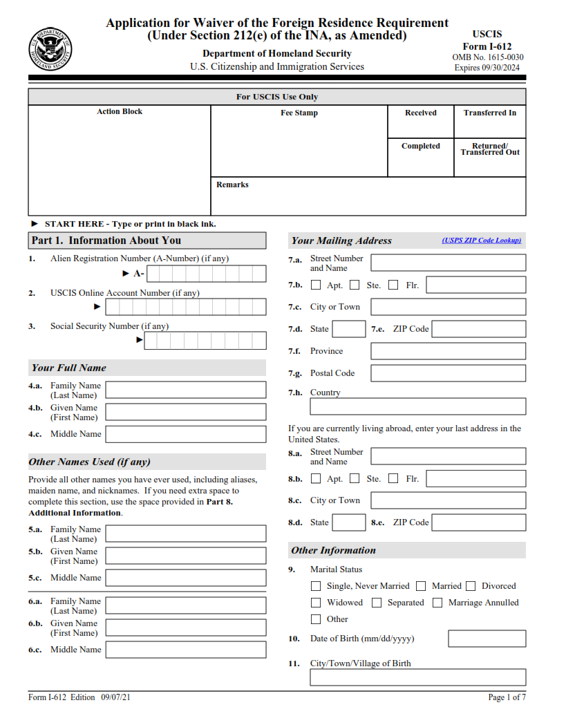I-612 Form - Application for Waiver of the Foreign Residence Requirement (under Section 212(e) of the Immigration and Nationality Act, as Amended) page 1