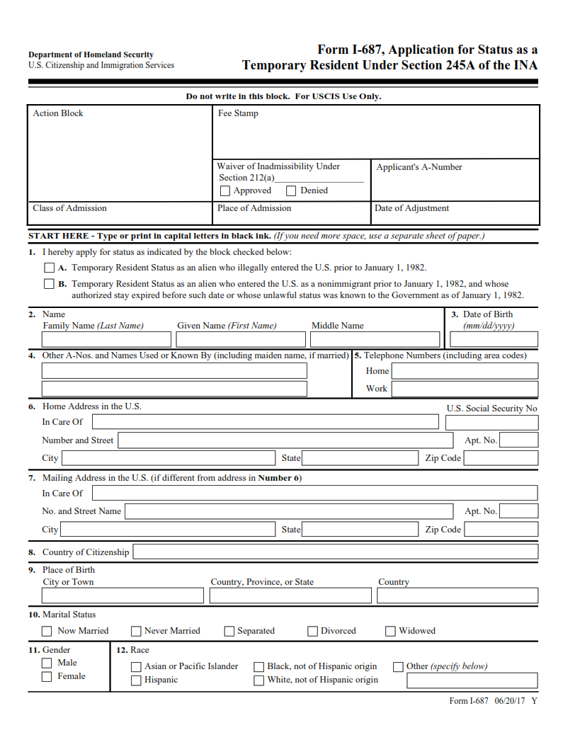 I-687 Form - Application for Status as a Temporary Resident Under Section 245A of the Immigration and Nationality Act Page 1