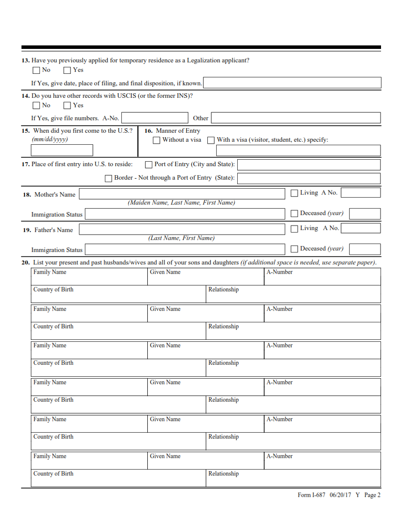I-687 Form - Application for Status as a Temporary Resident Under Section 245A of the Immigration and Nationality Act Page 2
