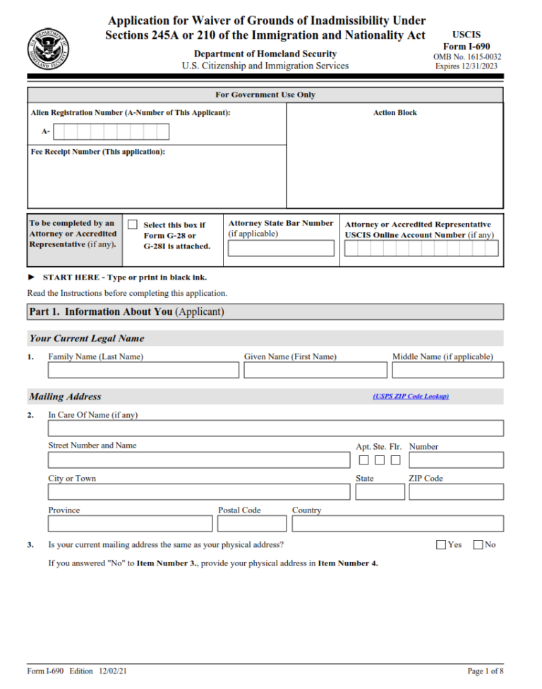 I-690 Form – Application for Waiver of Grounds of Inadmissibility Under ...