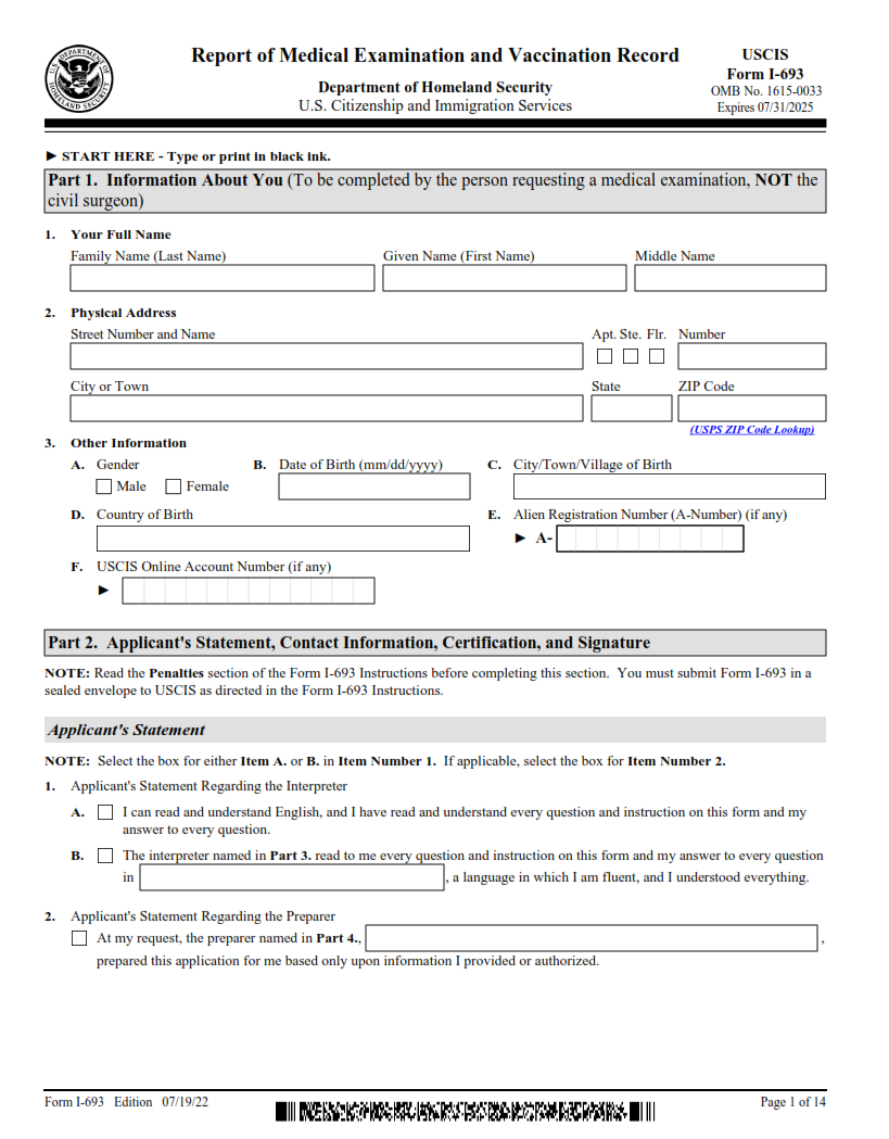 I-693 Form - Report of Medical Examination and Vaccination Record Page 1