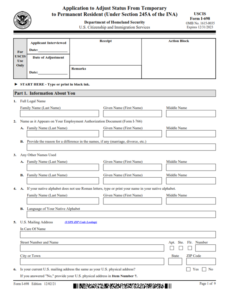 I-698 Form – Application to Adjust Status from Temporary to Permanent ...