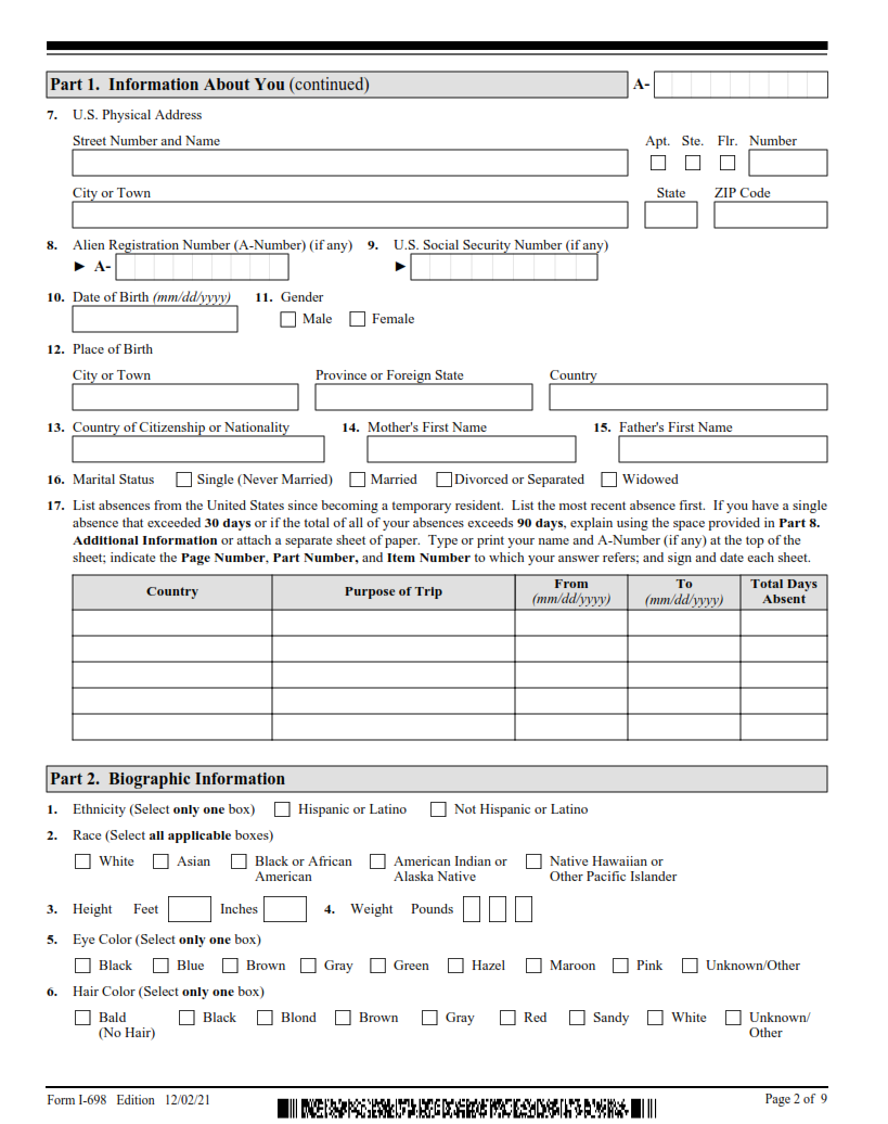 I-698 Form - Application to Adjust Status from Temporary to Permanent Resident (Under Section 245A of the INA) Page 2