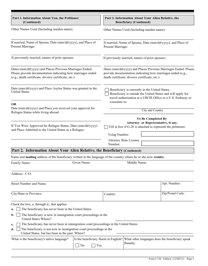 I-730 Form - Refugee Asylee Relative Petition Page 2