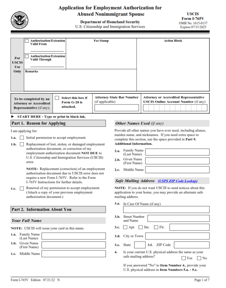 I-765V Form – Application for Employment Authorization for Abused ...