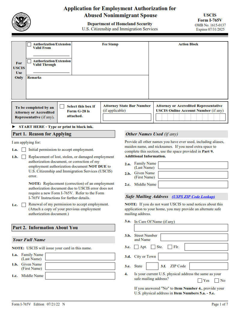 I-765V Form - Application for Employment Authorization for Abused Nonimmigrant Spouse Page 1