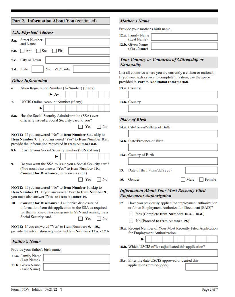 I-765V Form - Application for Employment Authorization for Abused Nonimmigrant Spouse Page 2
