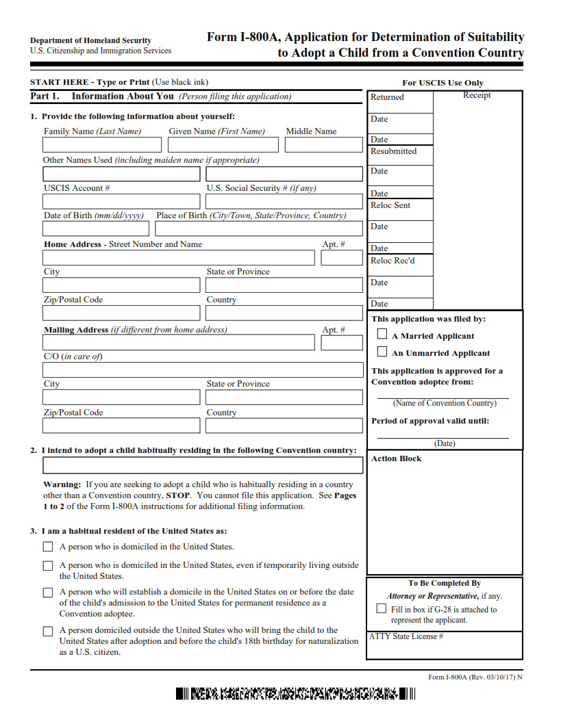 I-800A Form - Application for Determination of Suitability to Adopt a Child from a Convention Country Page 1