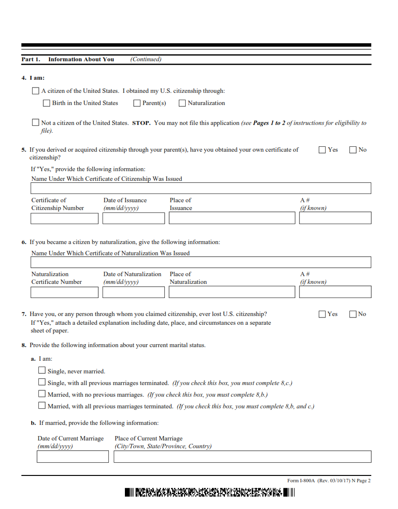 I-800A Form - Application for Determination of Suitability to Adopt a Child from a Convention Country Page 2