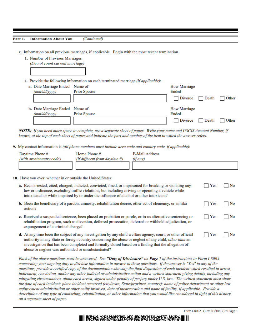 I-800A Form - Application for Determination of Suitability to Adopt a Child from a Convention Country Page 3