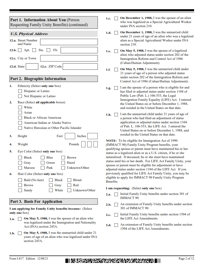 I-817 Form - Application for Family Unity Benefits Page 2