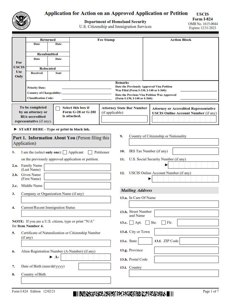 I-824 Form - Application for Action on an Approved Application or Petition Page 1
