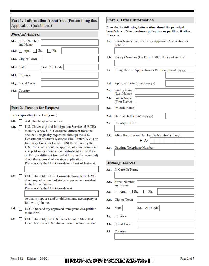 I-824 Form - Application for Action on an Approved Application or Petition Page 2