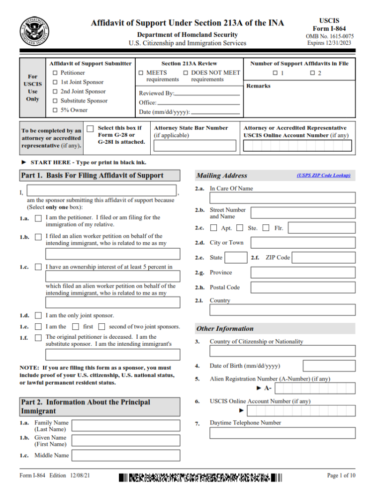 I-864 Form – Affidavit Of Support Under Section 213a Of The Ina 