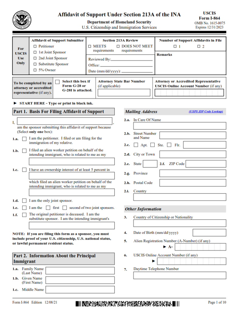 I-864 Form – Affidavit of Support Under Section 213A of the INA ...