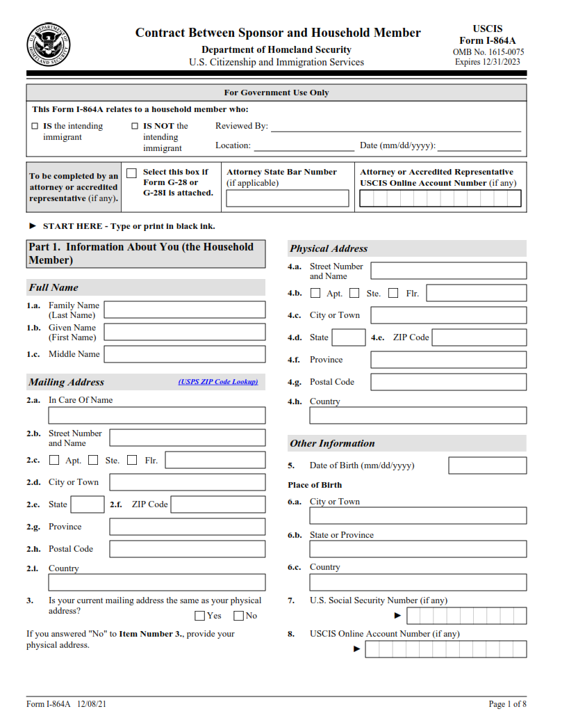 I-864A Form - Contract Between Sponsor and Household Member Page 1