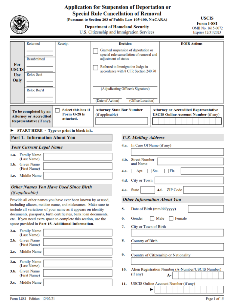 I-881 Form – Application for Suspension of Deportation or Special Rule ...