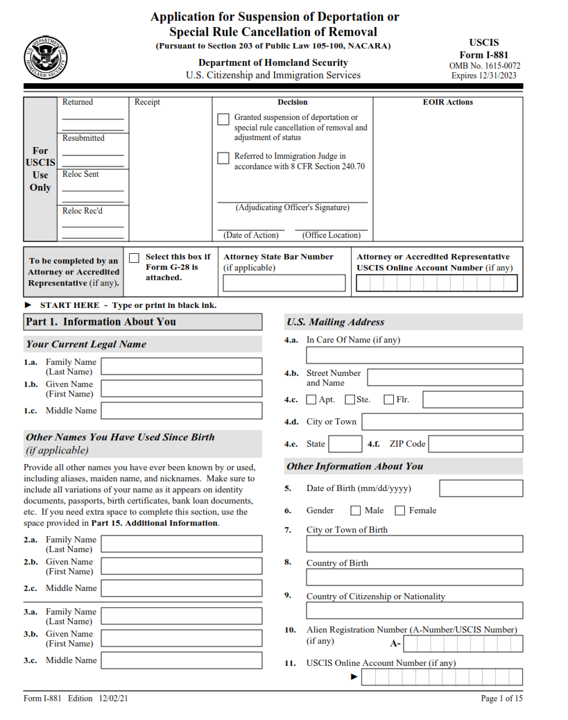 I-881 Form - Application for Suspension of Deportation or Special Rule Cancellation of Removal (Pursuant to Section 203 of Public Law 105-100 (NACARA)) Page 1