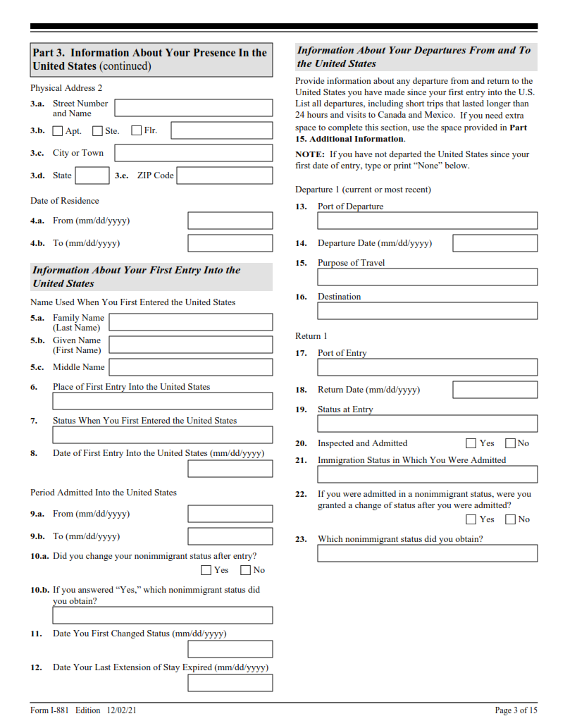 I-881 Form - Application for Suspension of Deportation or Special Rule Cancellation of Removal (Pursuant to Section 203 of Public Law 105-100 (NACARA)) Page 3