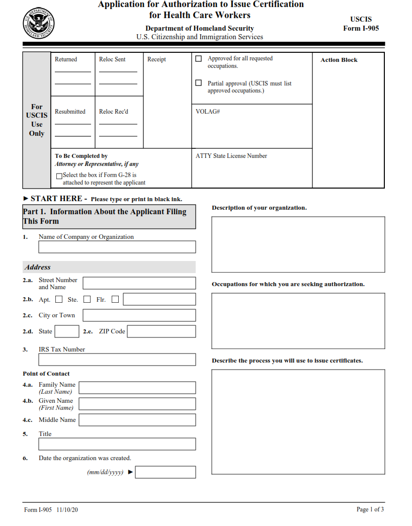 I-905 Form - Application for Authorization to Issue Certification for Health Care Workers Page 1
