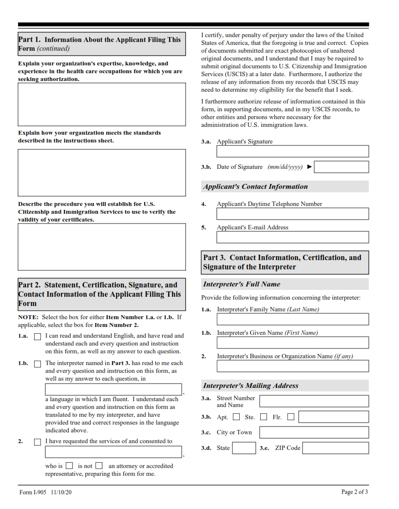 I-905 Form - Application for Authorization to Issue Certification for Health Care Workers Page 2