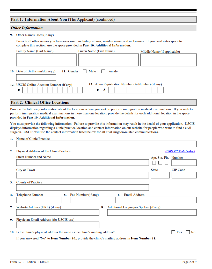 I-910 Form - Application for Civil Surgeon Designation Page 2