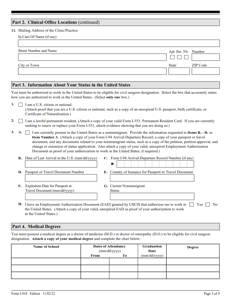 I-910 Form - Application for Civil Surgeon Designation Page 3