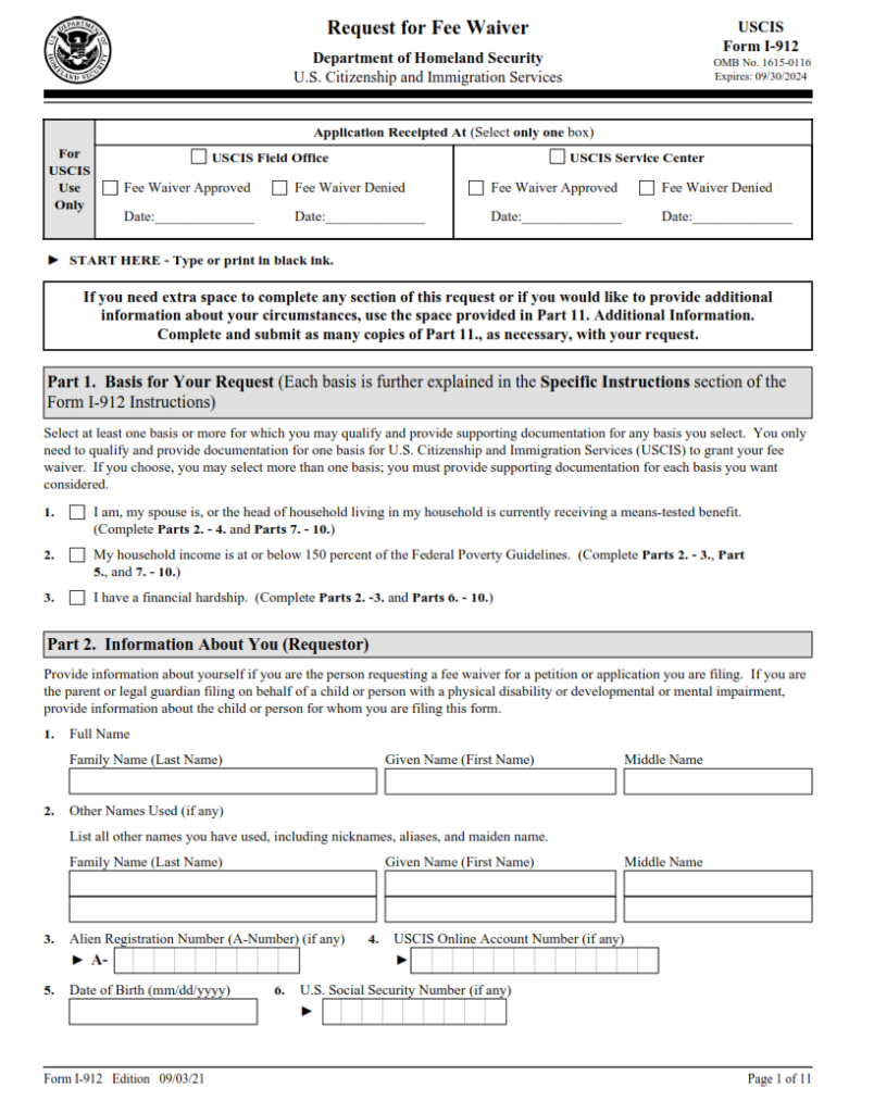 fee waiver form i 912