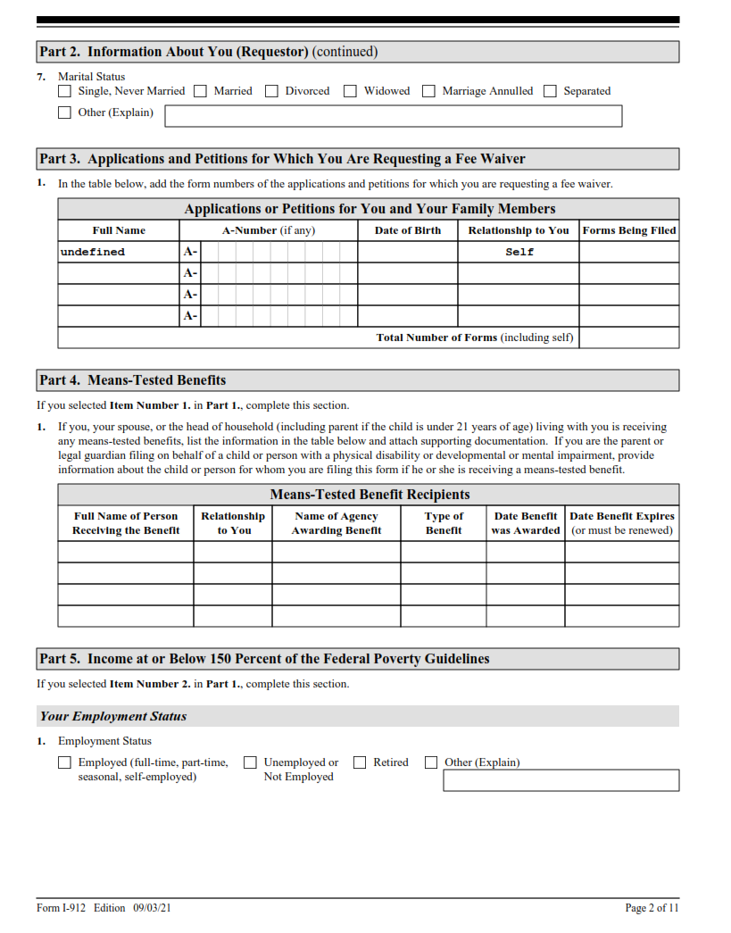 I-912 Form - Request for Fee Waiver Page 2