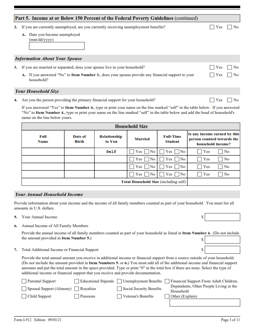 I-912 Form - Request for Fee Waiver Page 3