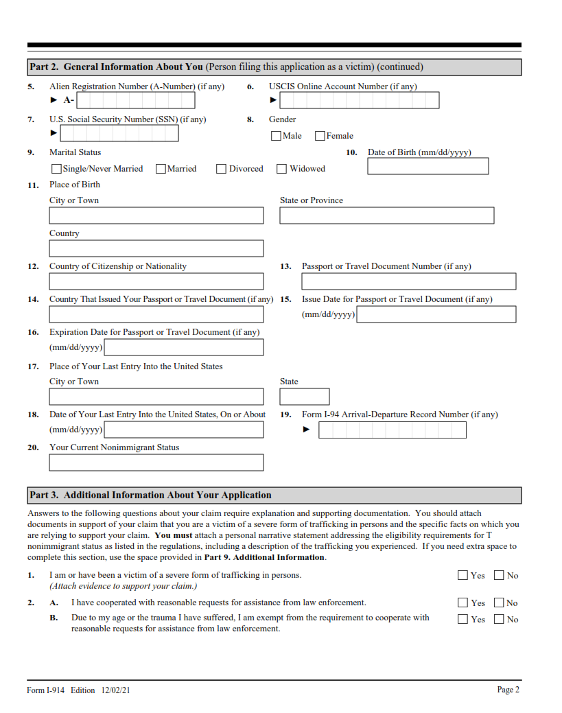 I-914 Form - Application for T Nonimmigrant Status Page 2