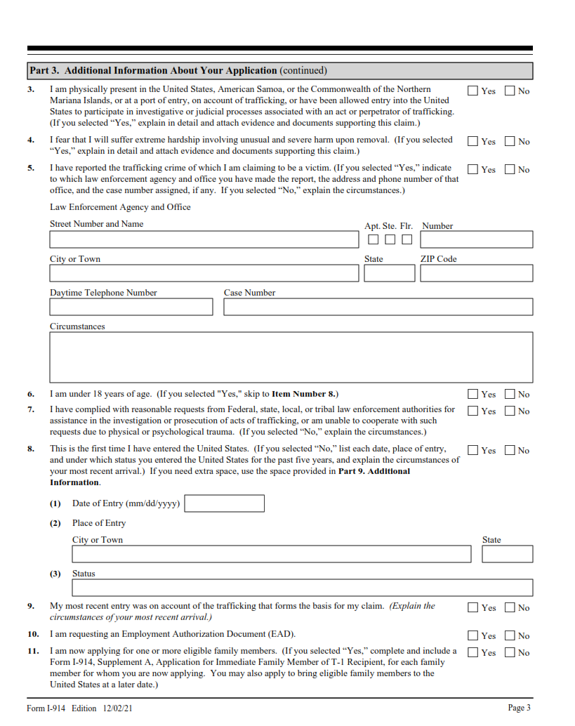 I-914 Form - Application for T Nonimmigrant Status Page 3