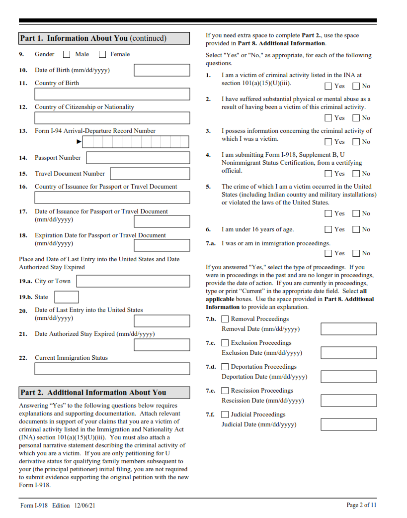I-918 Form - Petition for U Nonimmigrant Status Page 2
