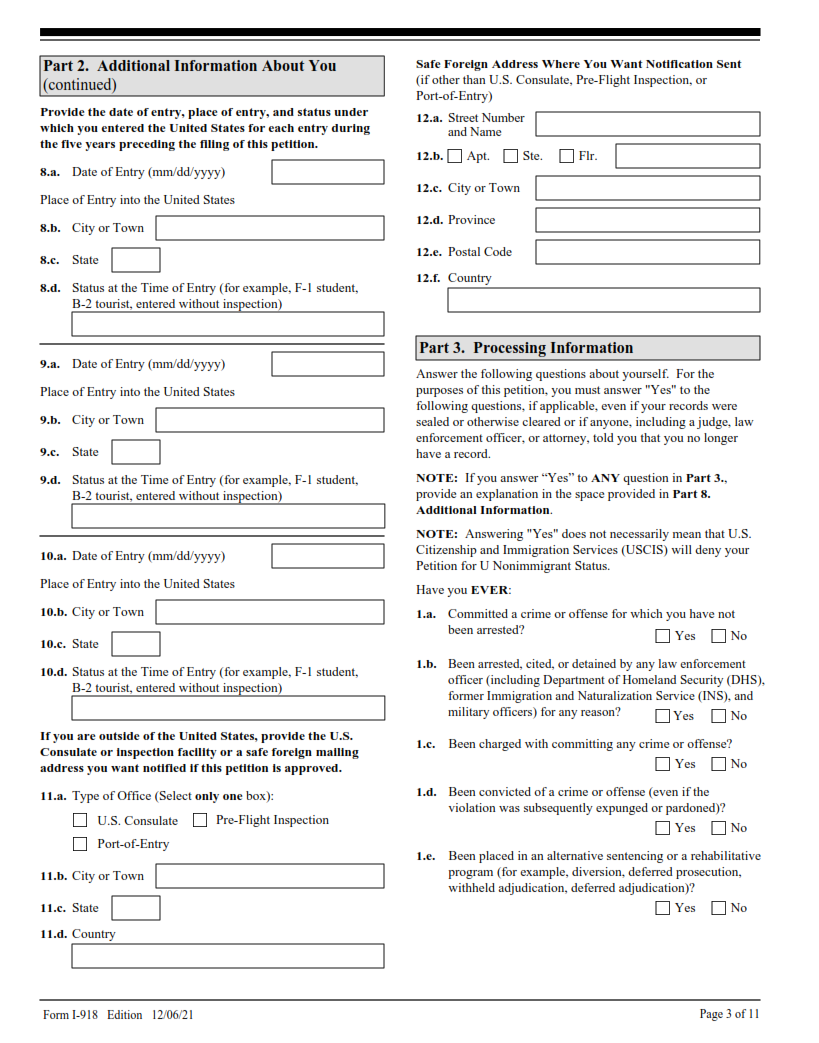 I-918 Form - Petition for U Nonimmigrant Status page 3