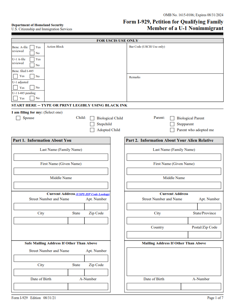 I-929 Form - Petition for Qualifying Family Member of a U-1 Nonimmigrant Page 1