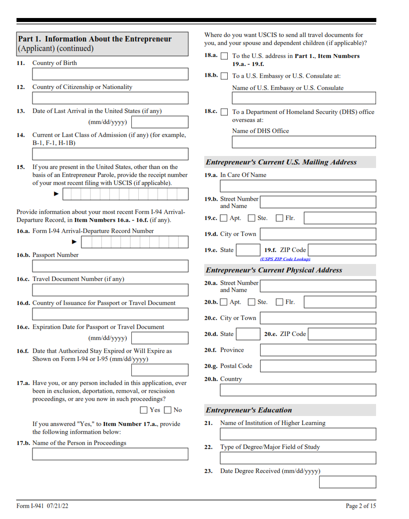 I-941 Form - Application for Entrepreneur Parole Page 2