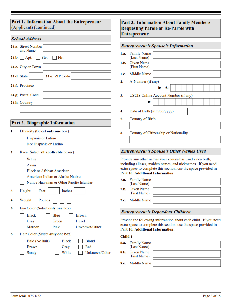 I-941 Form - Application for Entrepreneur Parole Page 3