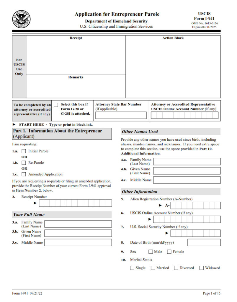 I-941 Form – Application for Entrepreneur Parole | Finder Doc