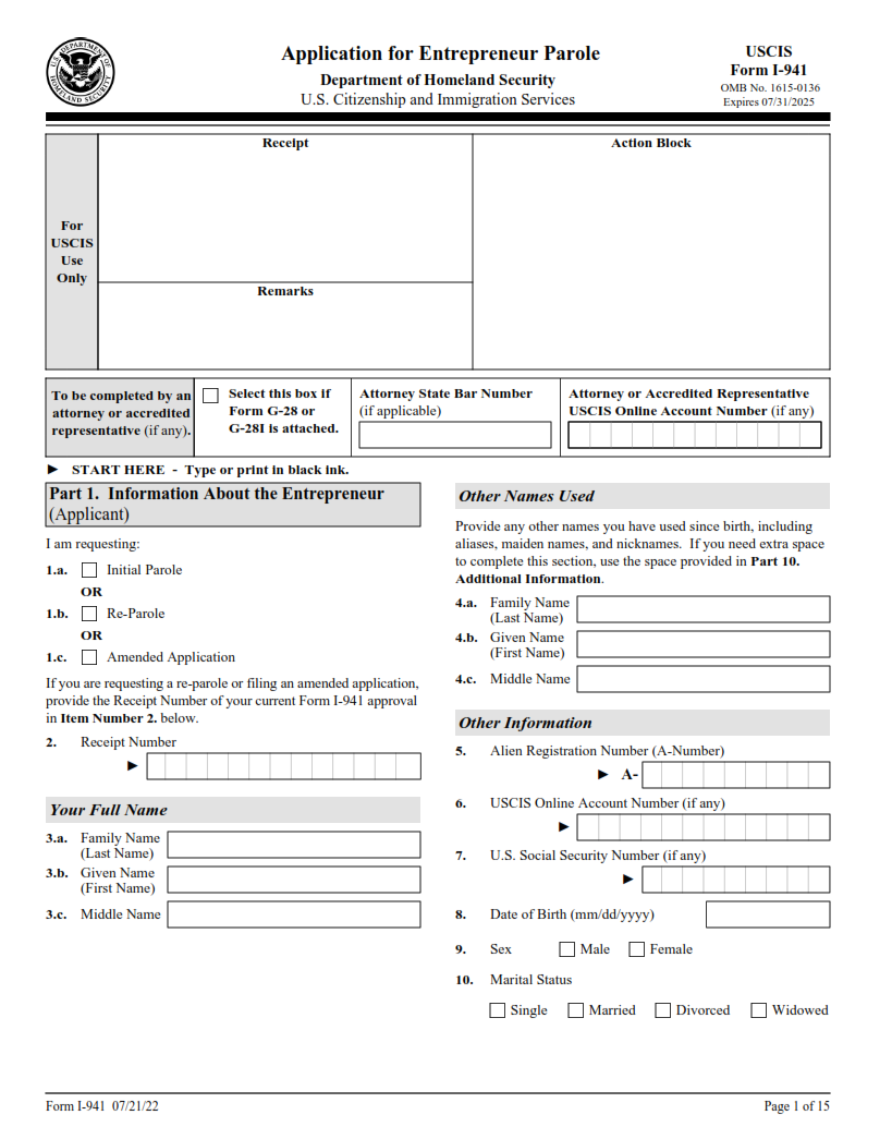 I-941 Form - Application for Entrepreneur Parole page 1