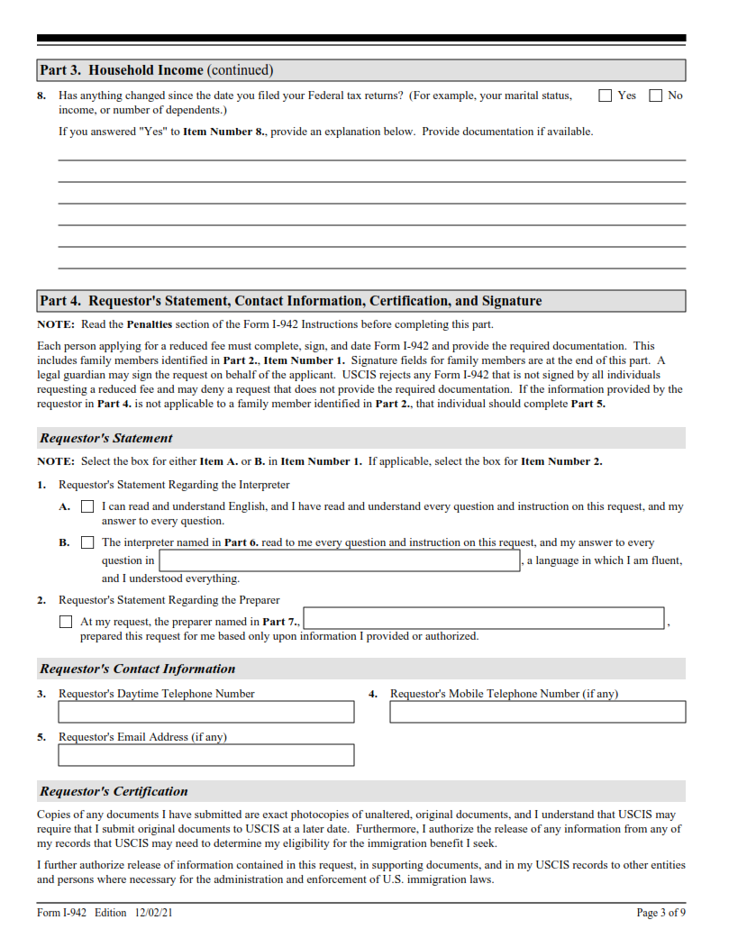 I-942 Form - Request for Reduced Fee Page 3